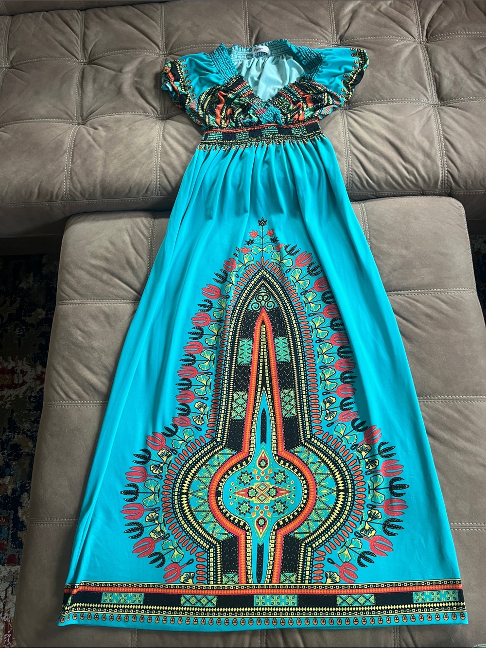 Turquoise Ethnic-Print Maxi Dress with Smocked Waist